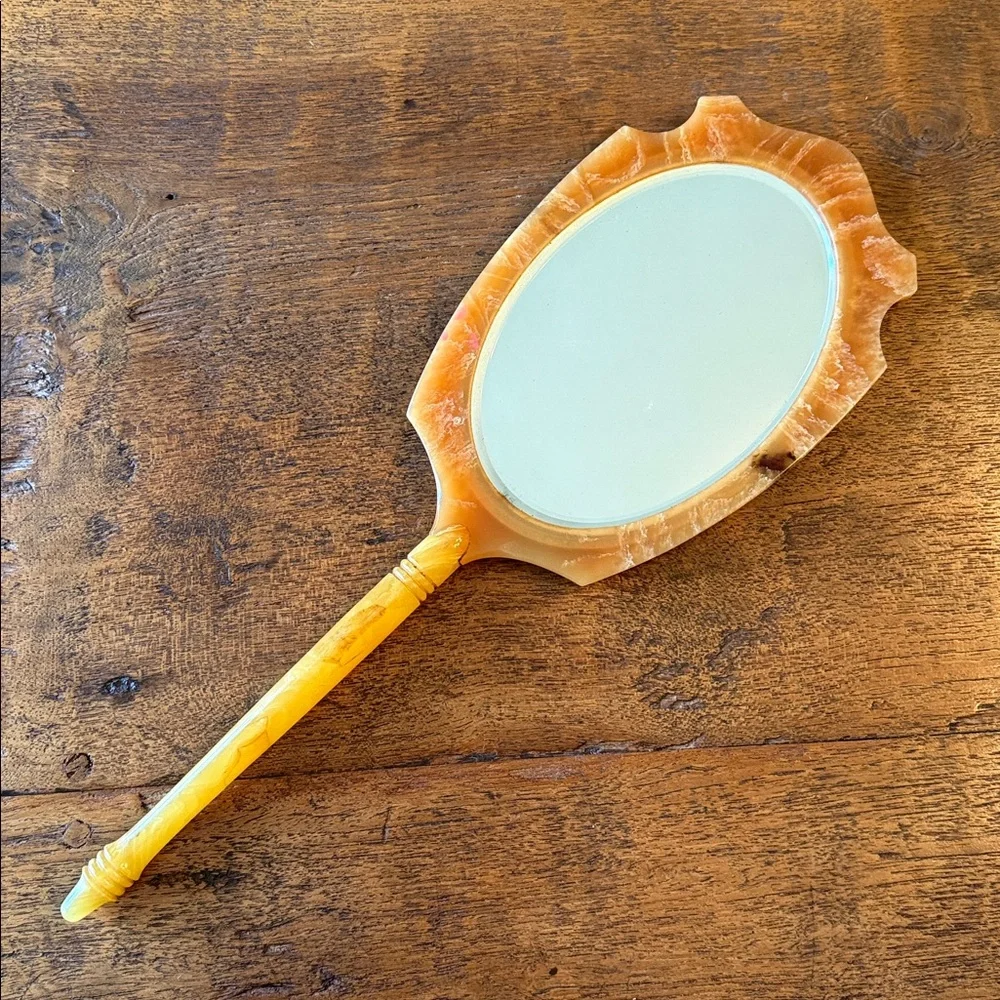 Vintage Handheld Celluloid Vanity Mirror- Marbelized Butterscotch Color